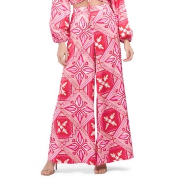 Caroline Constas Printed Wide Leg Pants High Rise with Pockets NWT Pink White - Picture 1 of 11